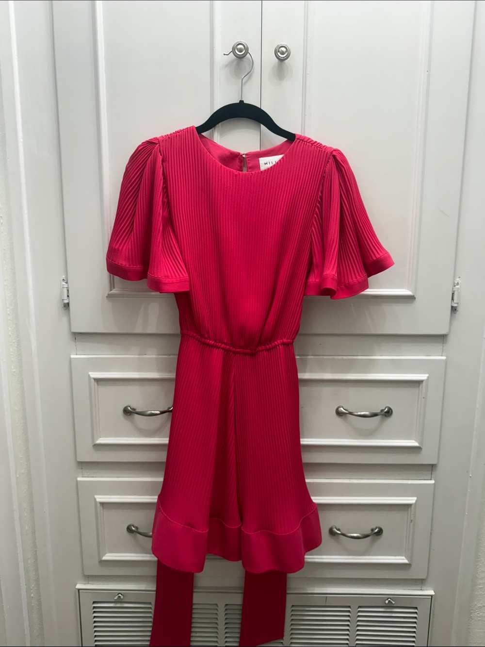 Milly Hot Pink Pleated Flutter-Sleeve Mini Dress